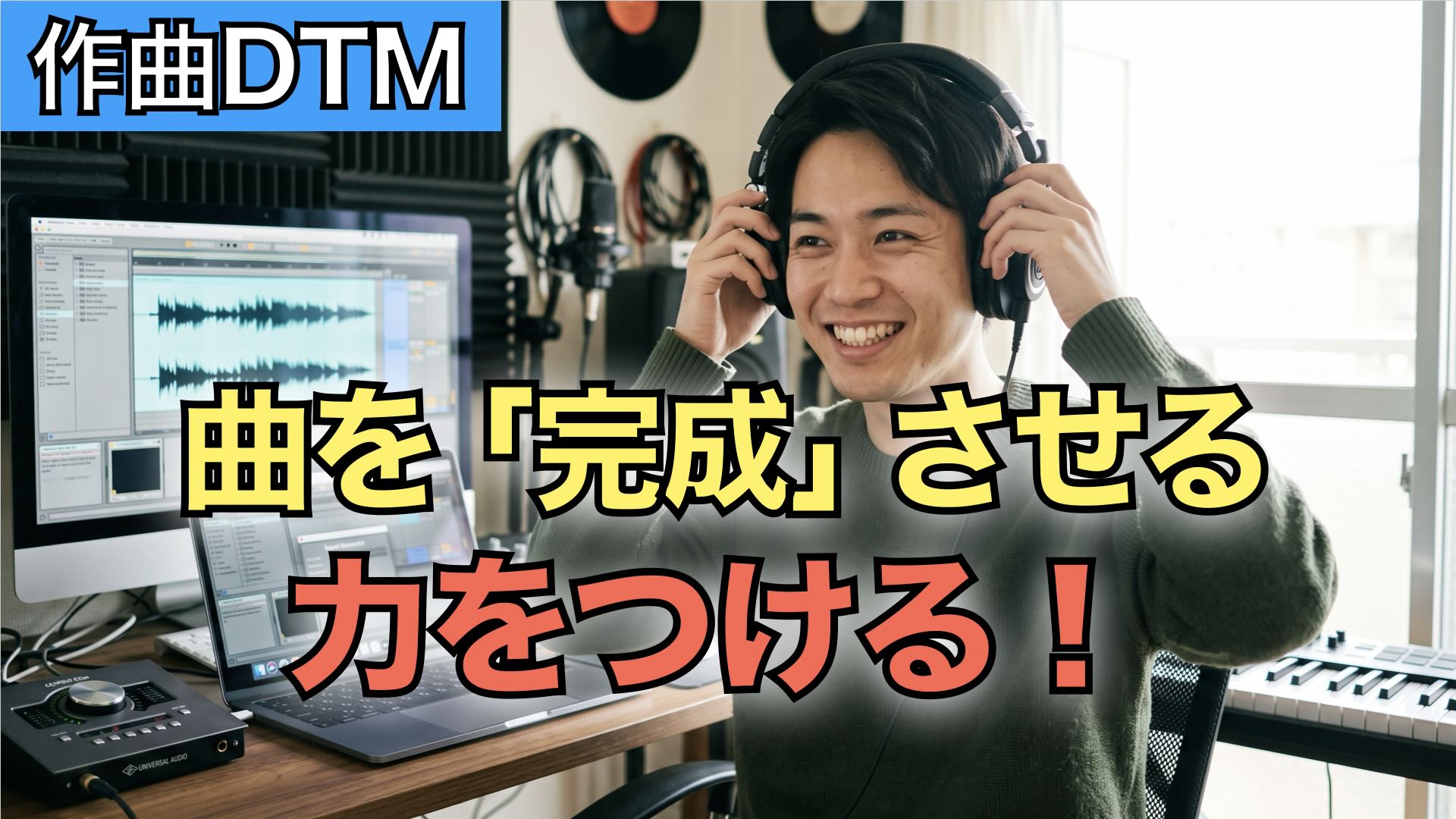 作曲が終わり満足そうに明るい笑顔を浮かべている男性