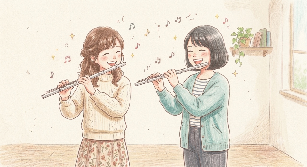 レッスンでフルートを楽しく吹いている講師と生徒のイラスト
