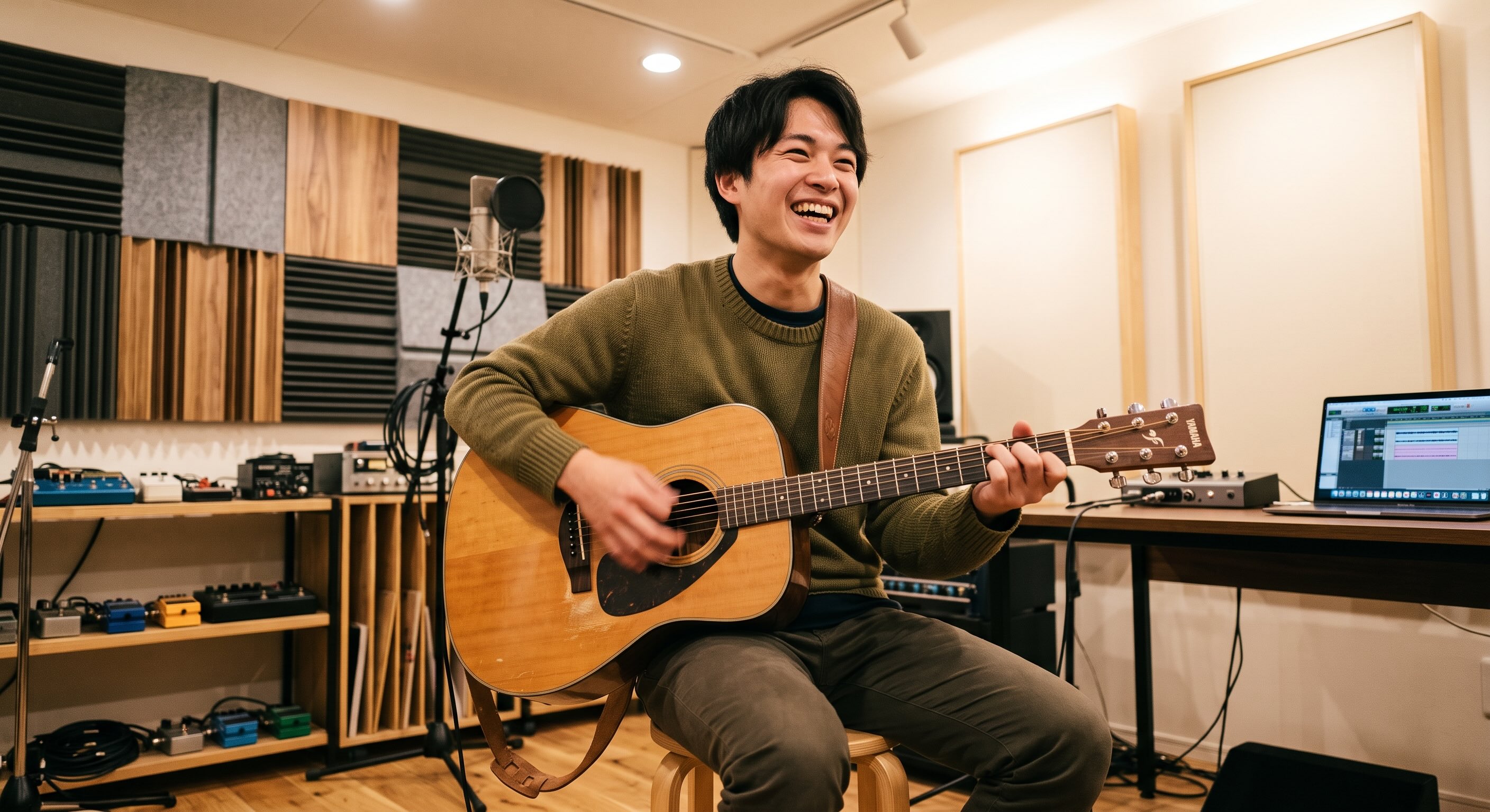 笑顔で活き活きとアコースティックギターを演奏している男性