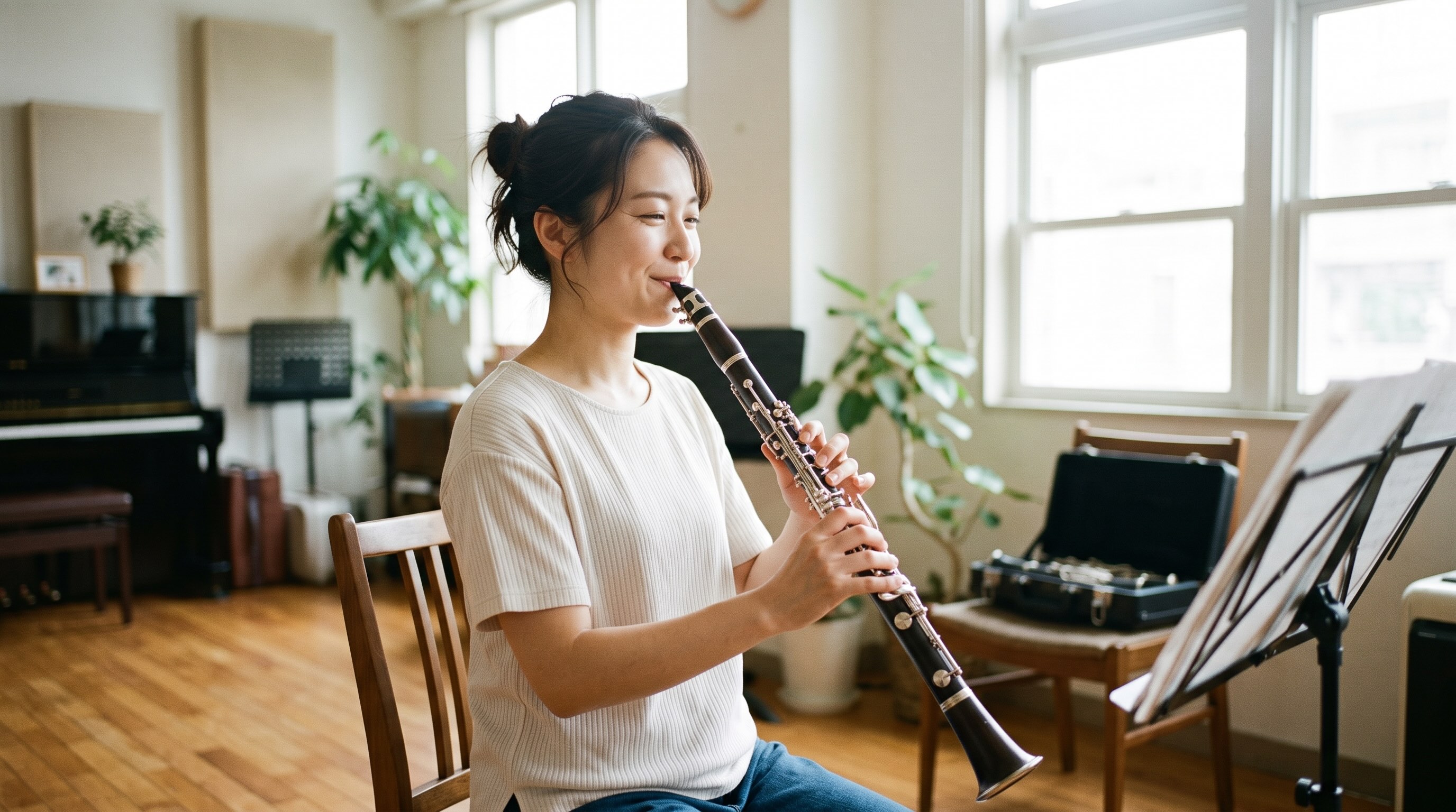 リラックスした美しいフォームでクラリネットを吹いている女性