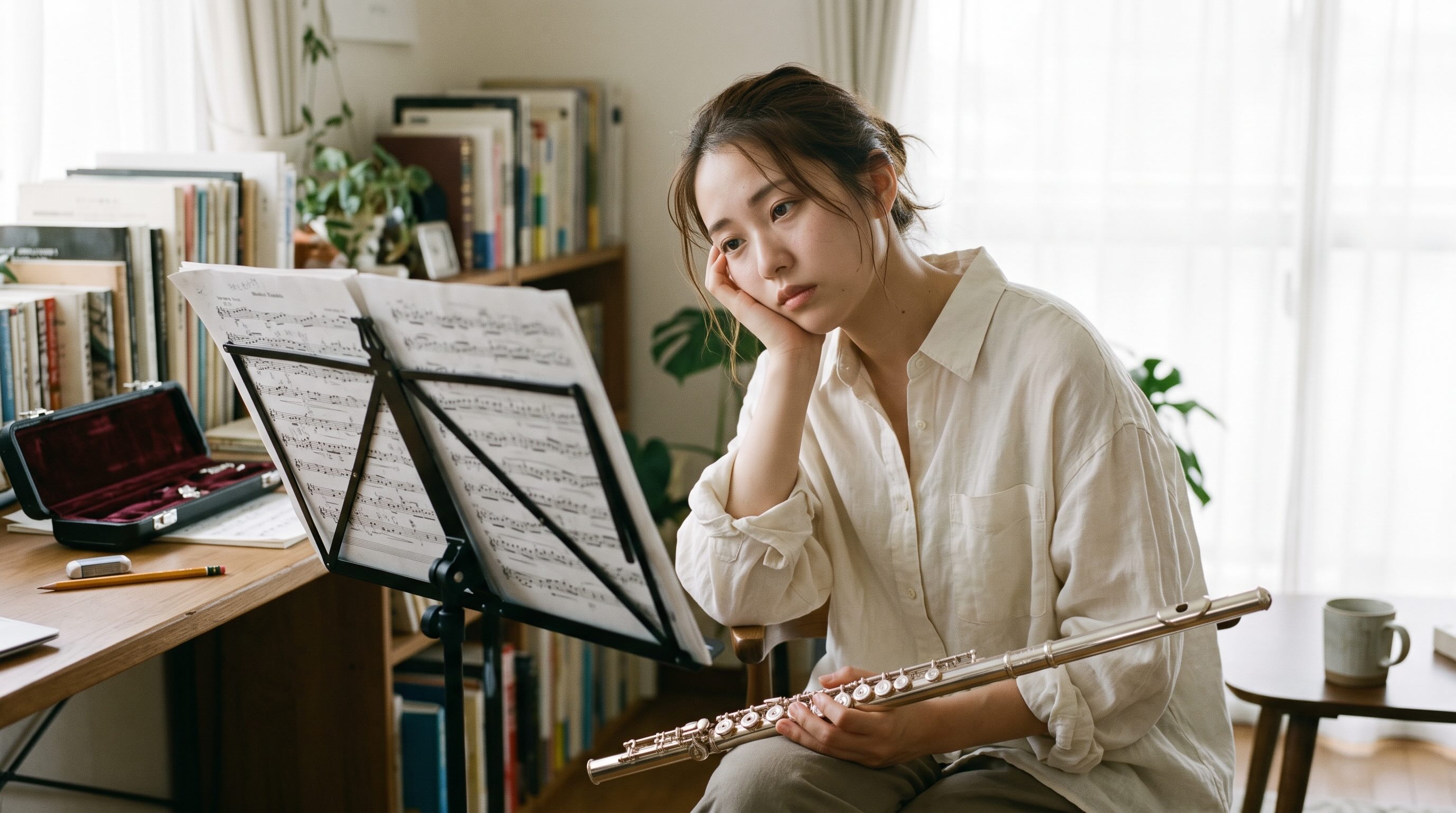 睡眠不足でフルートの練習が捗らない女性の様子