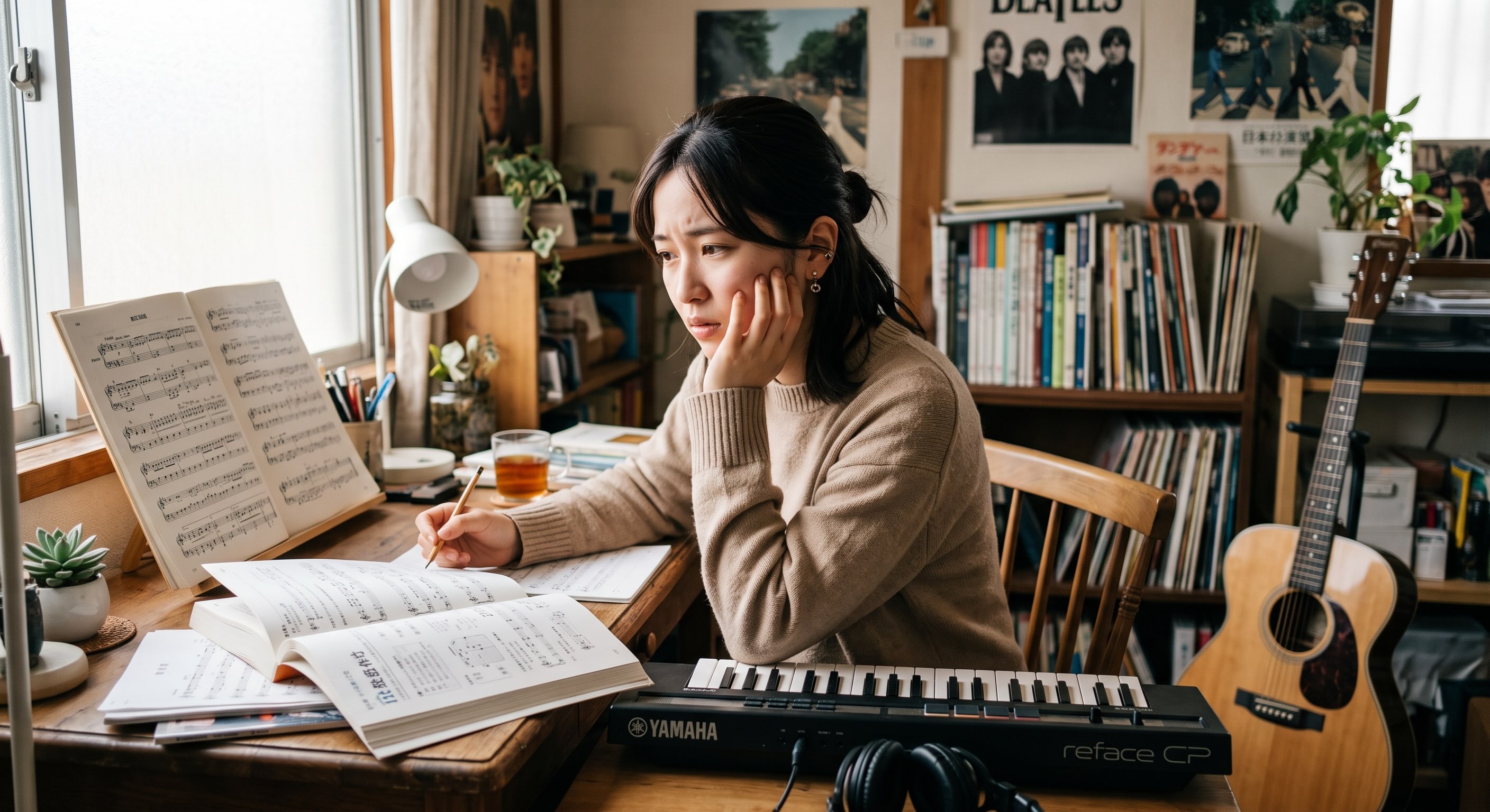 音楽理論の勉強に行き詰まっている女性