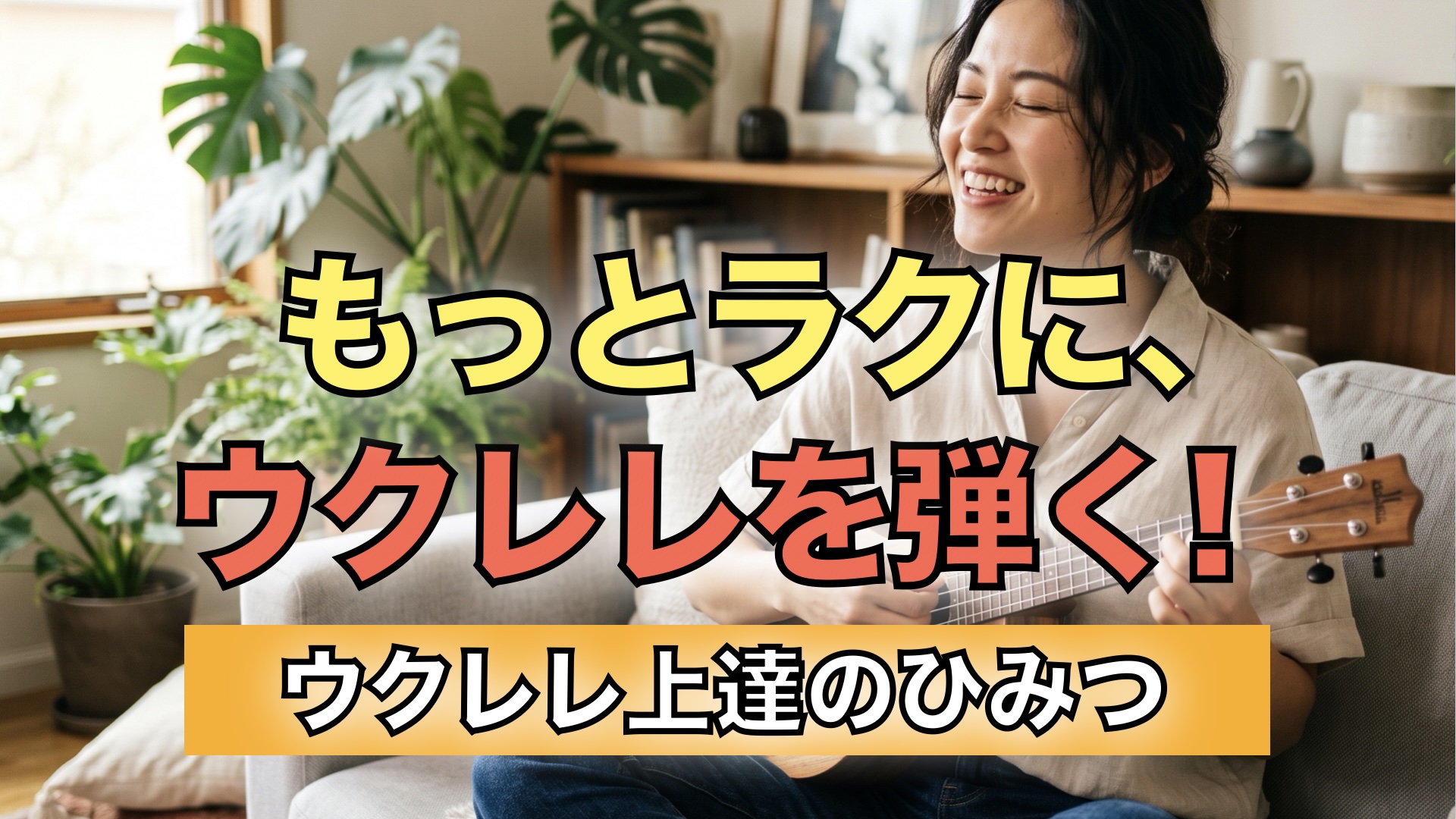 楽しそうにウクレレをストロークしながら歌っている笑顔の女性