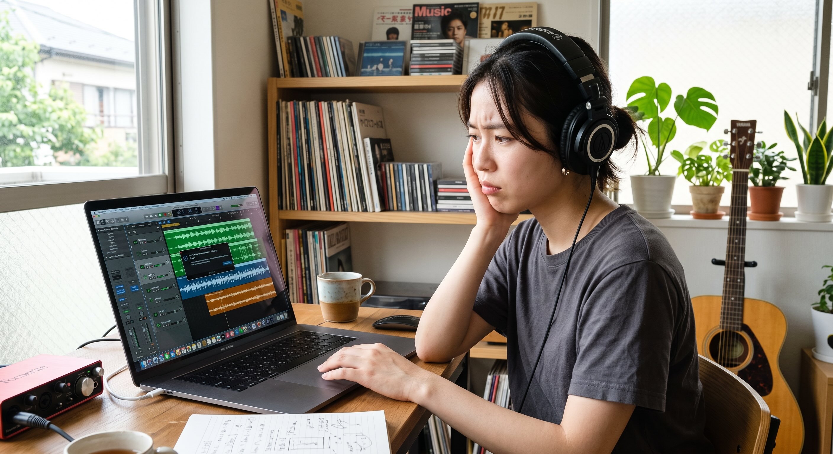 DAWソフトの操作がわからず困った表情を浮かべている女性