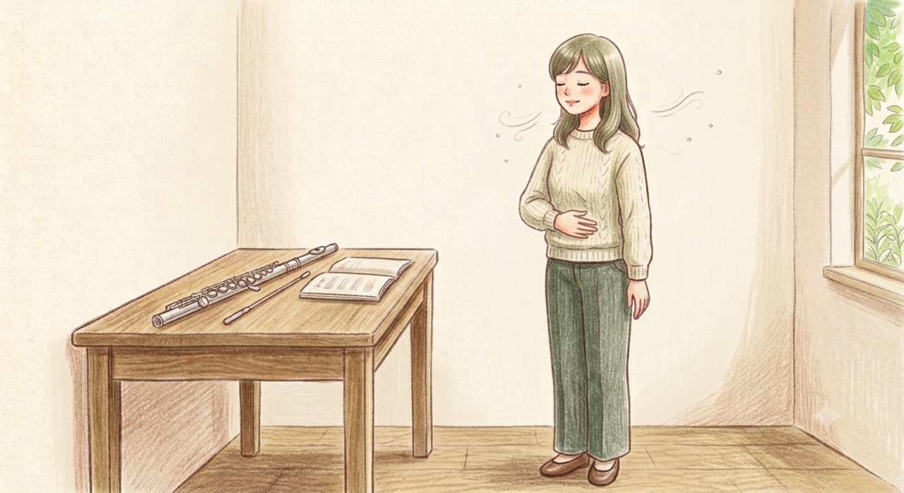 フルートを上手く吹くための息のコントロールについてのイラスト