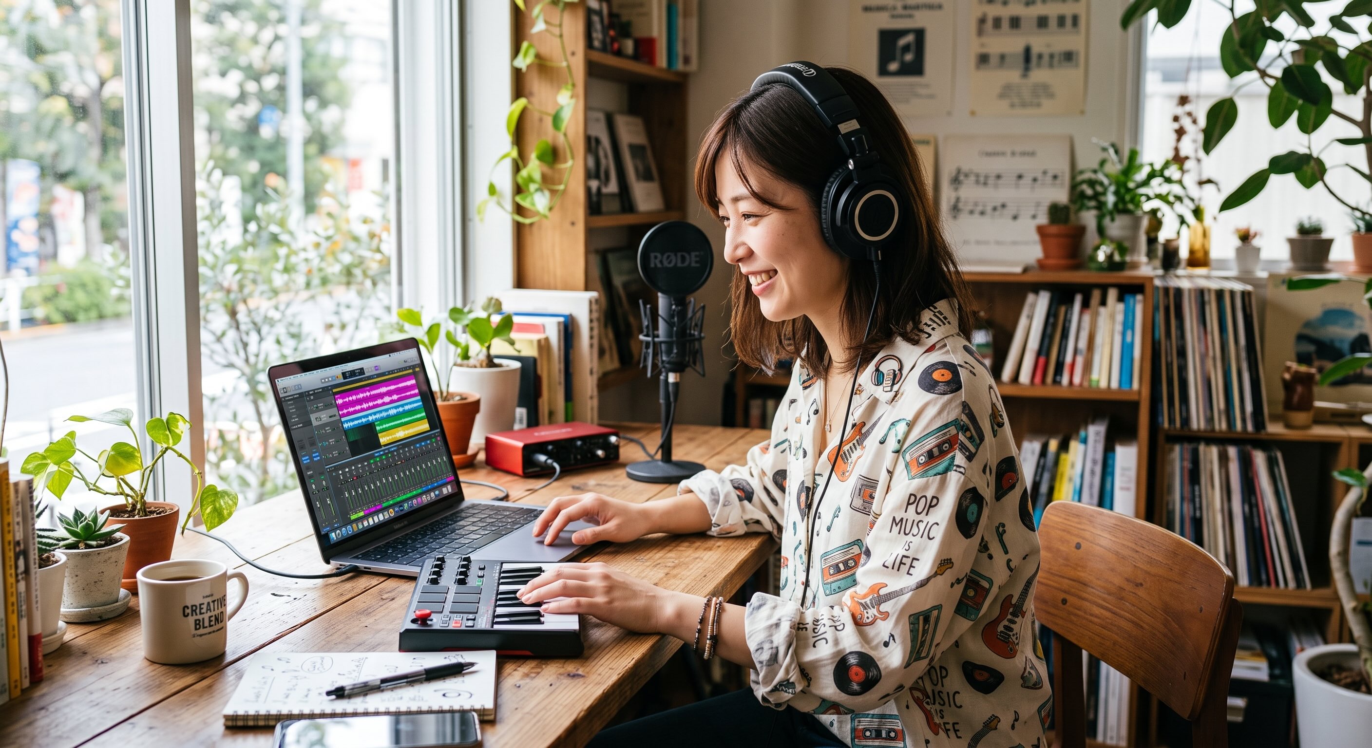 DTMでの楽曲が完成して満足そうな表情を浮かべる女性