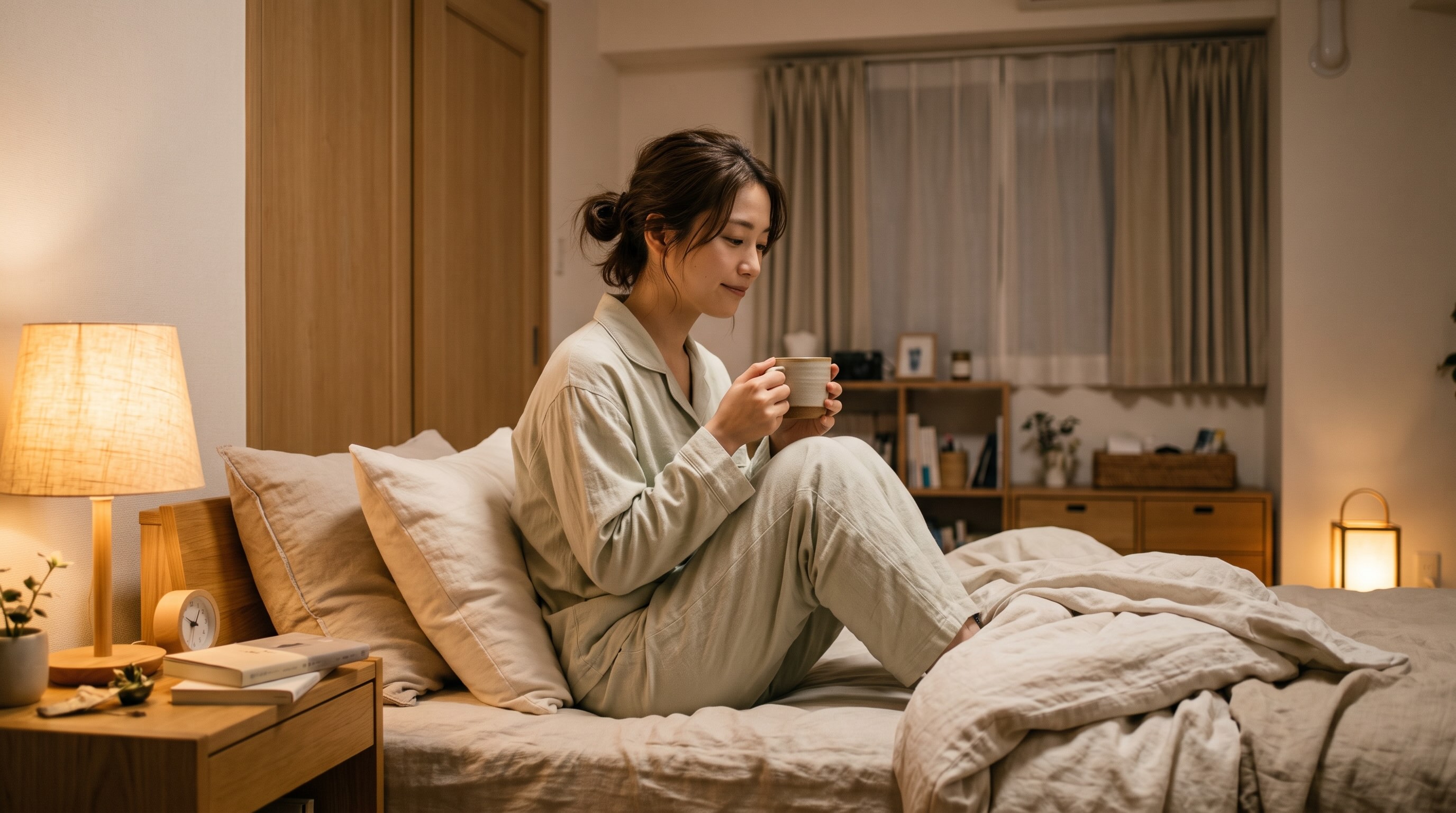 就寝前に温かいハーブティーを飲んでリラックスしている女性