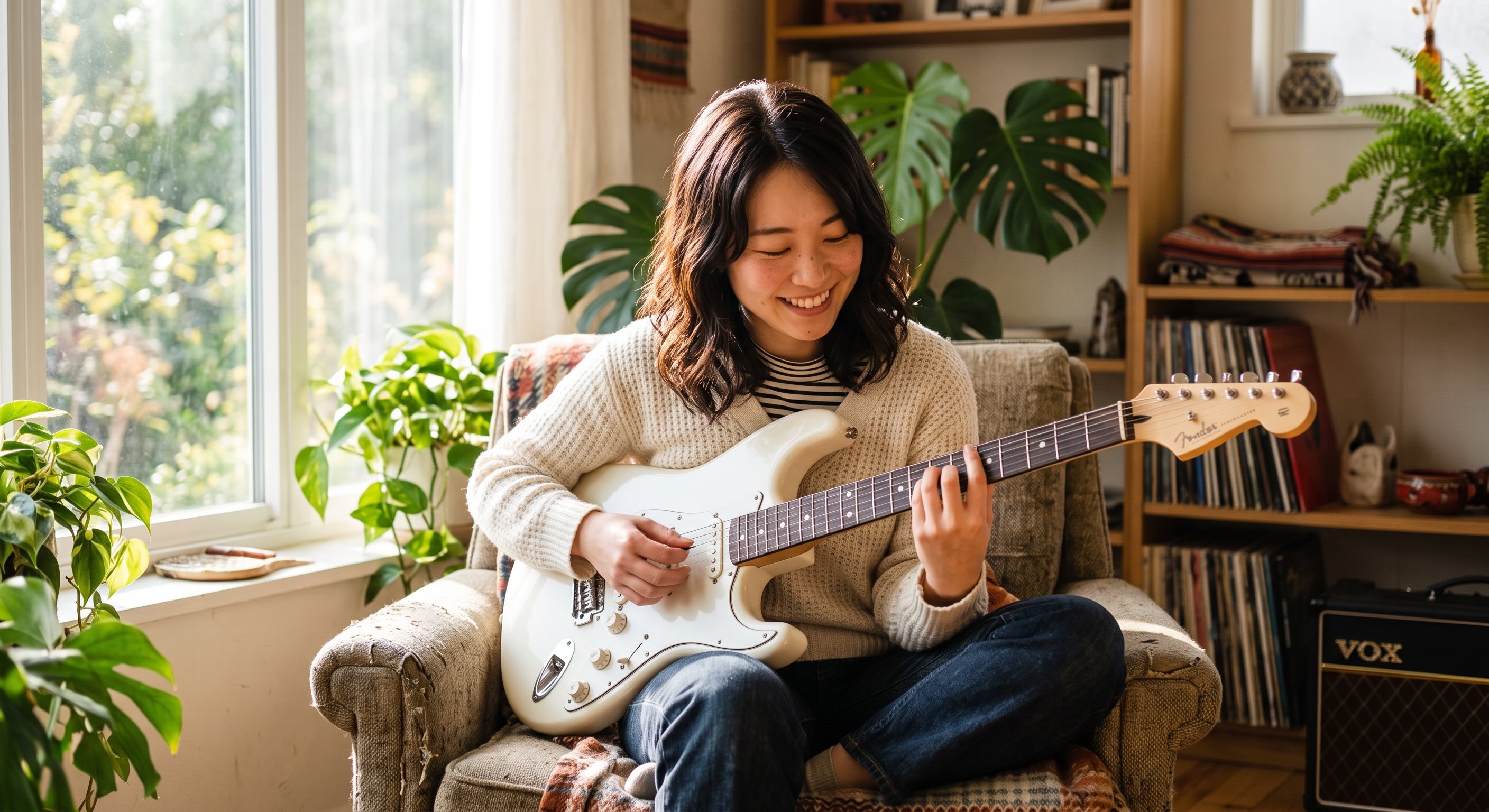 エレキギターを抱えワクワクしながら嬉しそうに微笑んでいる女性