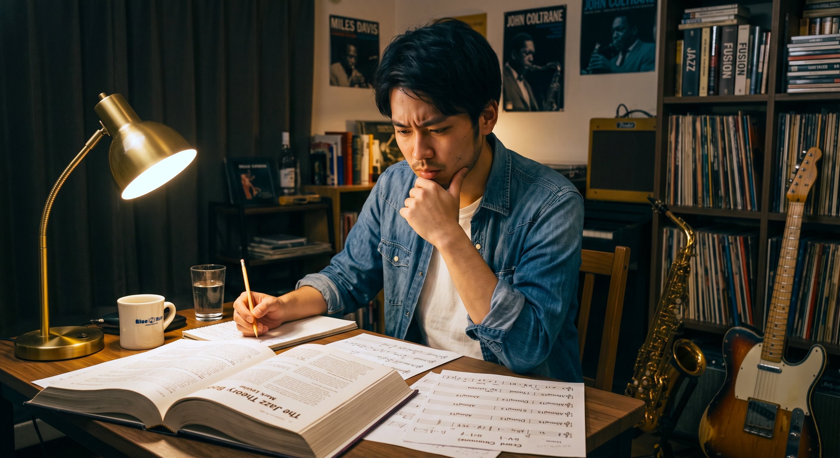 ジャズ理論の勉強に行き詰まっている様子の男性