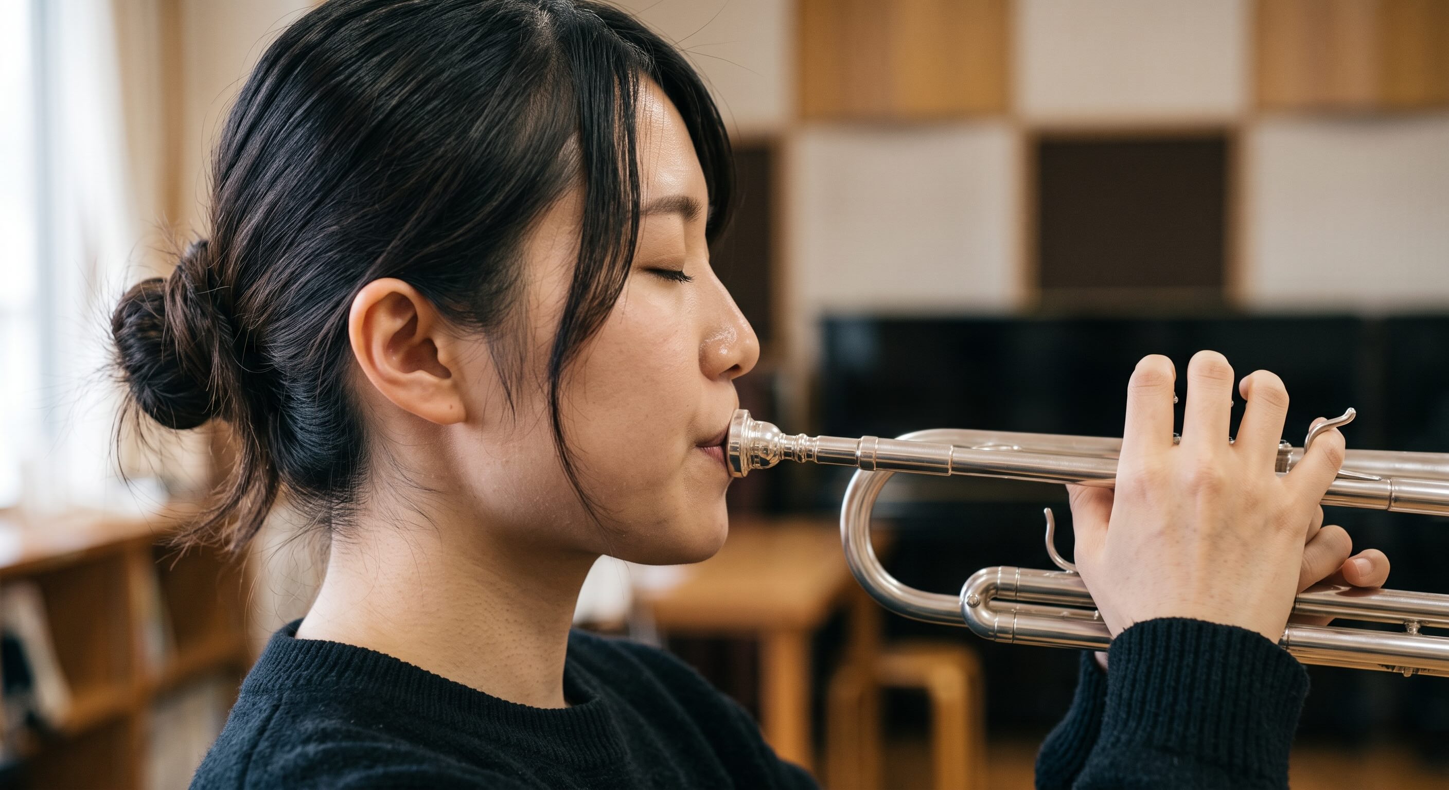女性がトランペットを吹いている口元の画像