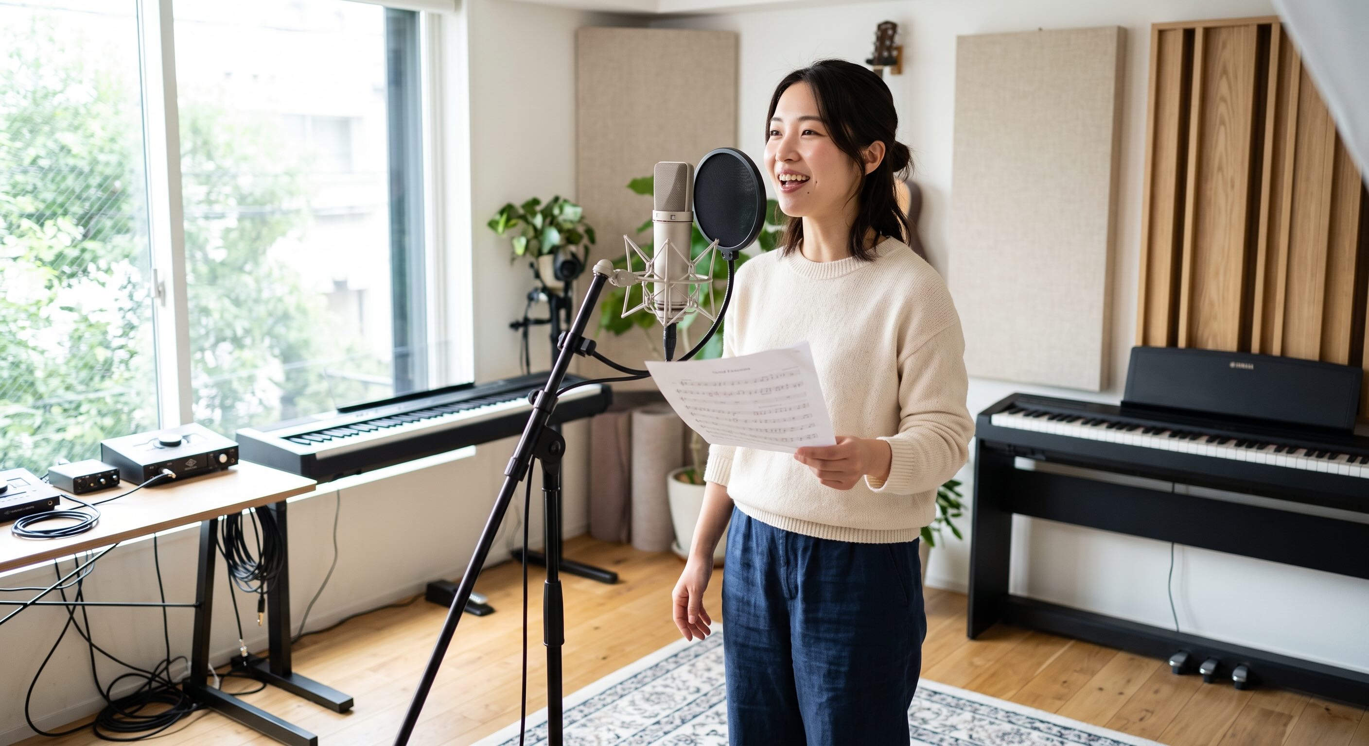 スタジオで発声練習をしている女性