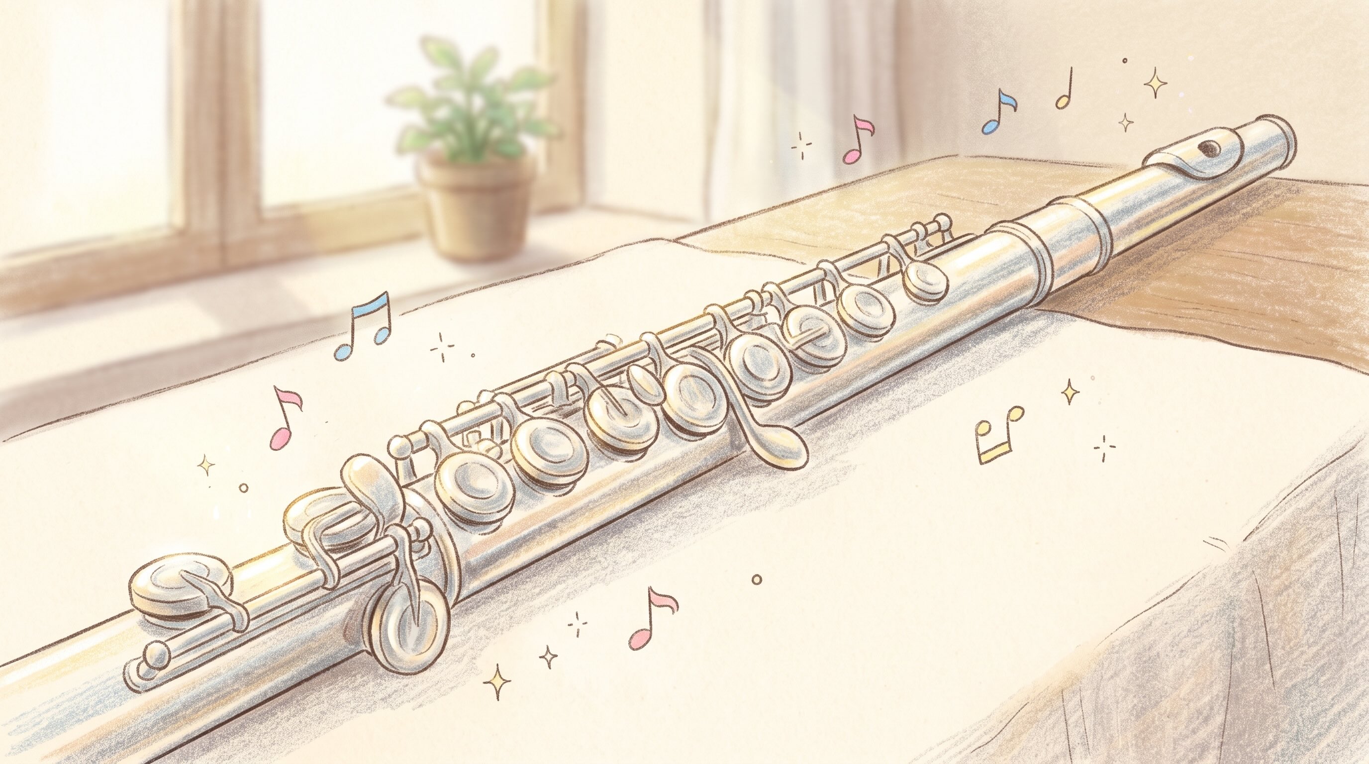 シルバーに煌めく美しいフルートのイラスト