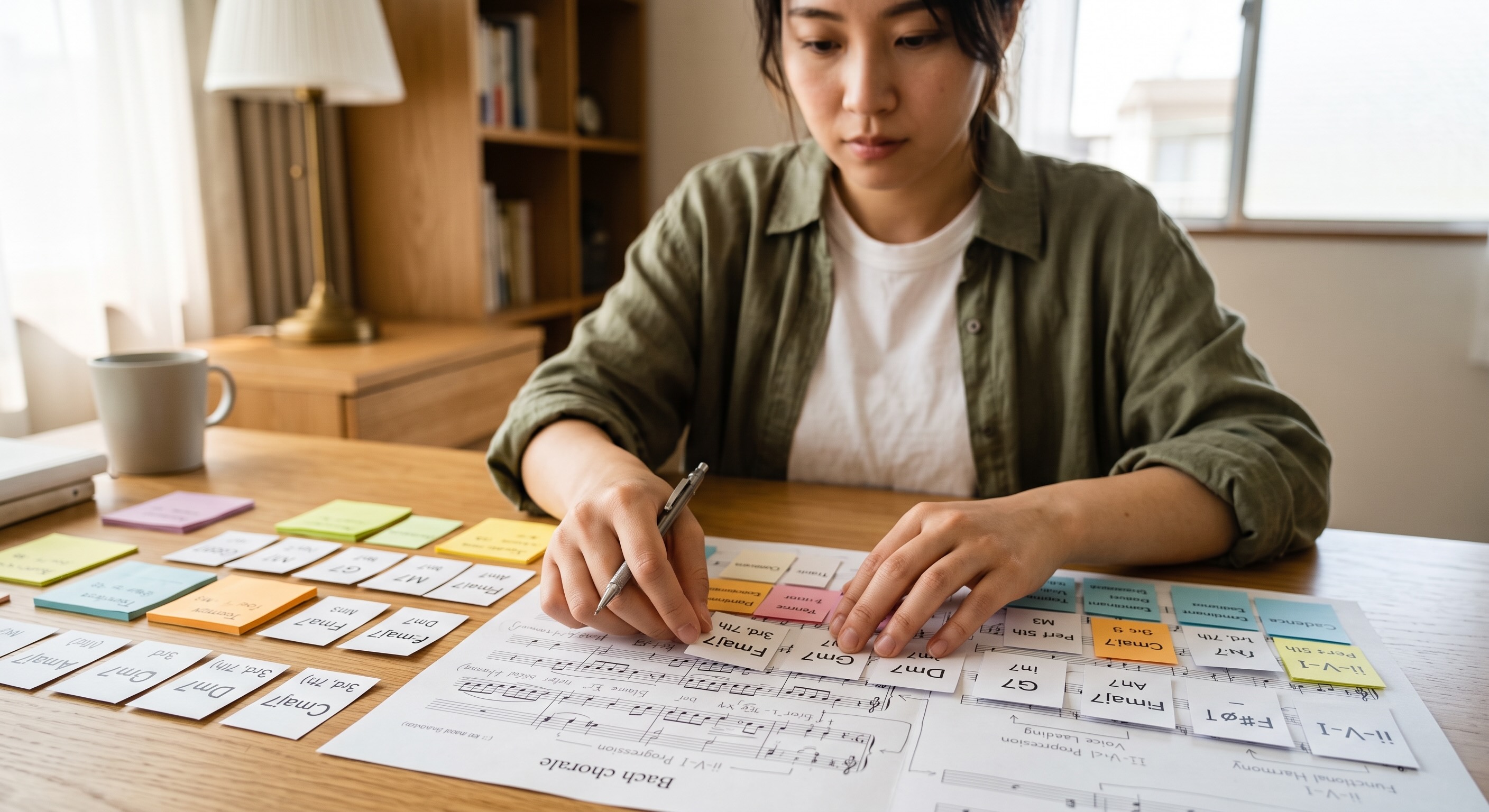 音楽理論をロジカルに整理しながら学んでいる女性