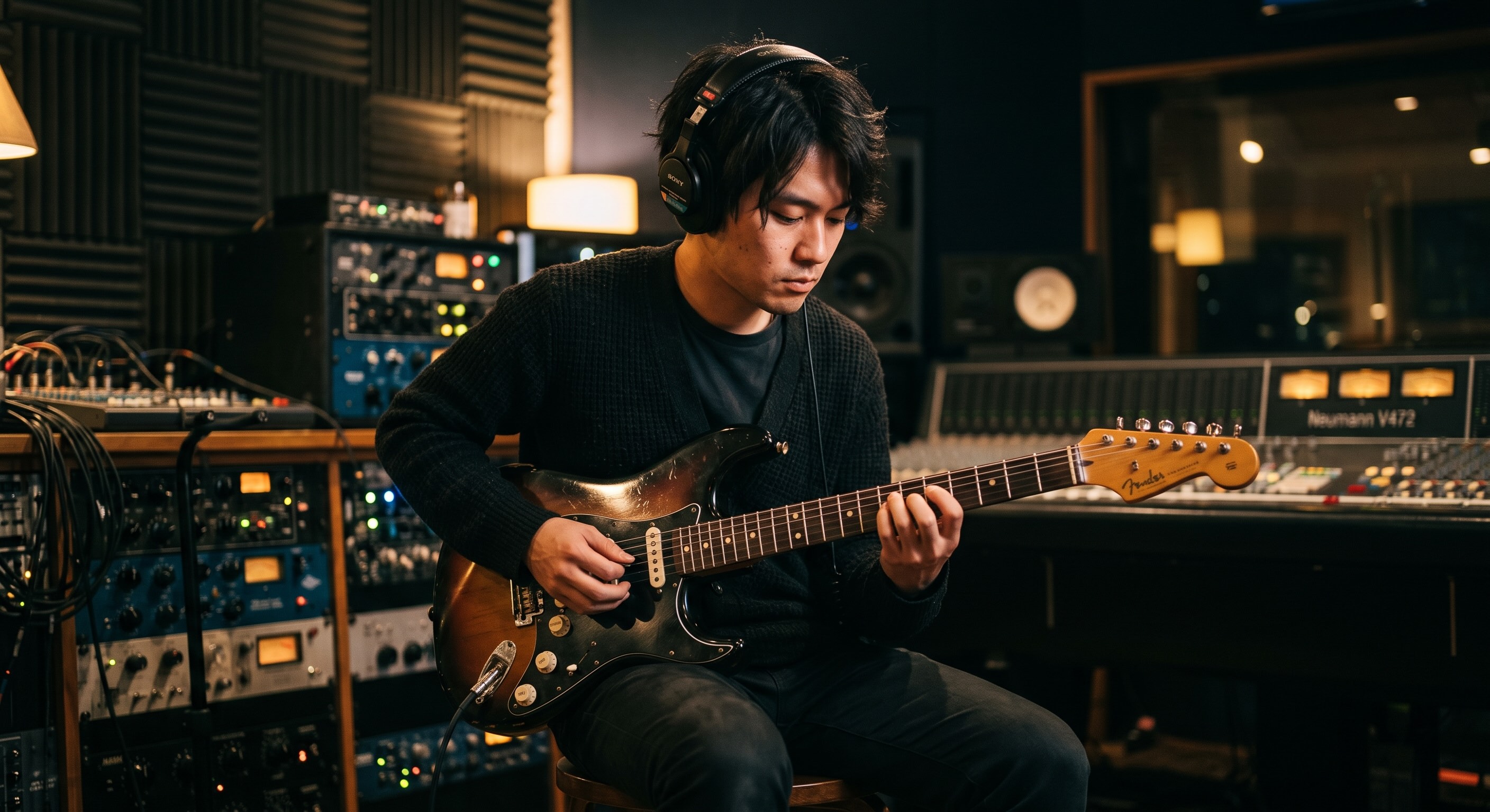 音楽スタジオでヘッドホンをつけながら真剣な表情でエレキギターを弾いている男性