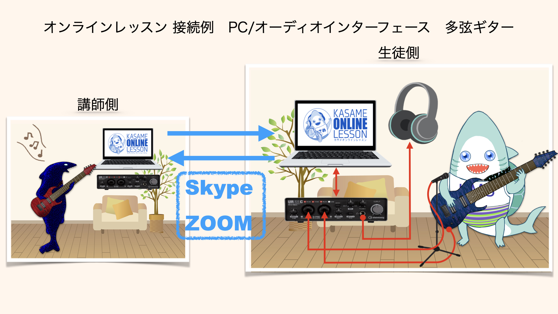 カサメミュージックスクール多弦ギター科、オンラインレッスン接続例(パソコン)