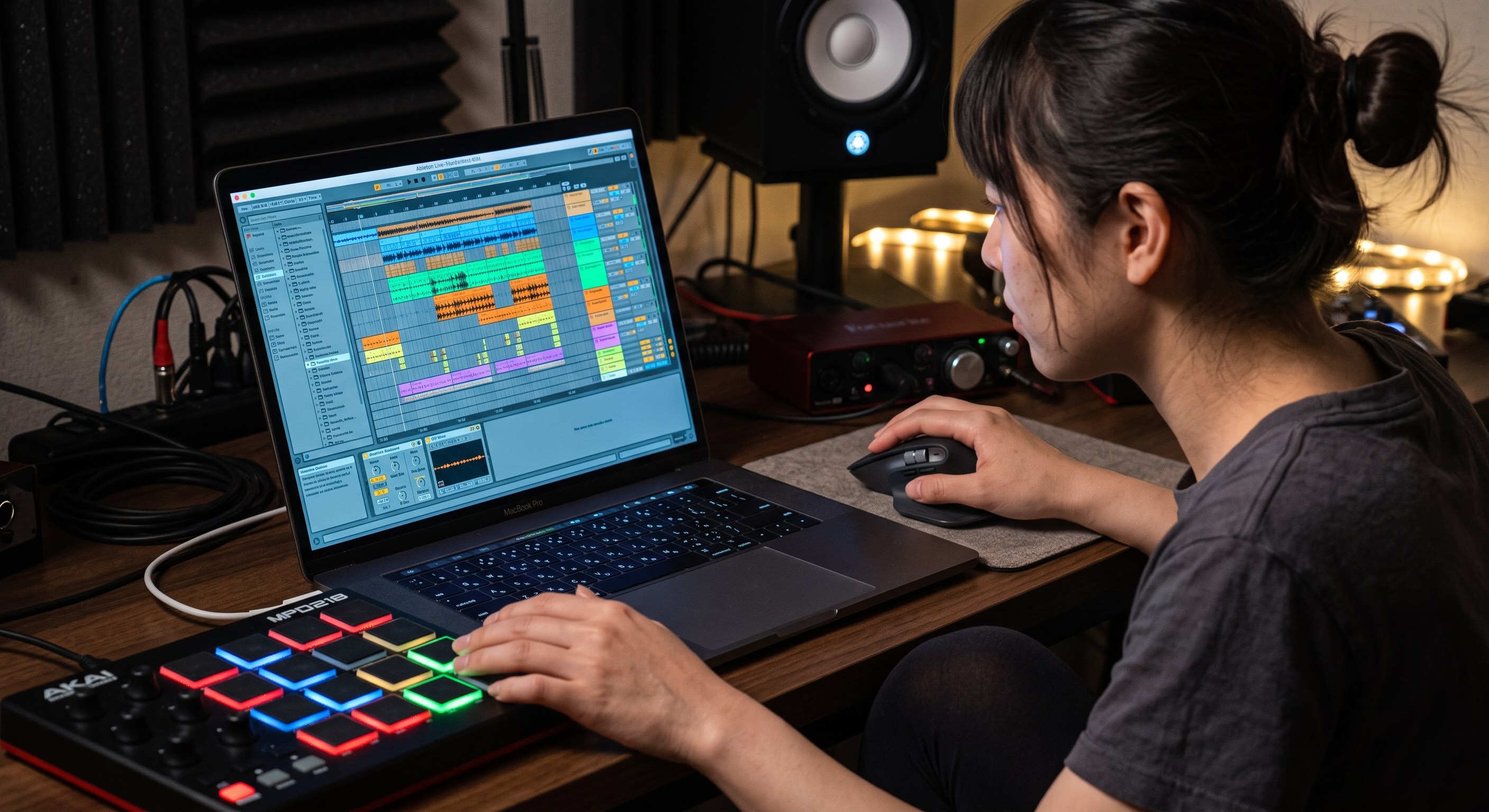 サンプル音源を使用してDTMで作曲をしている女性
